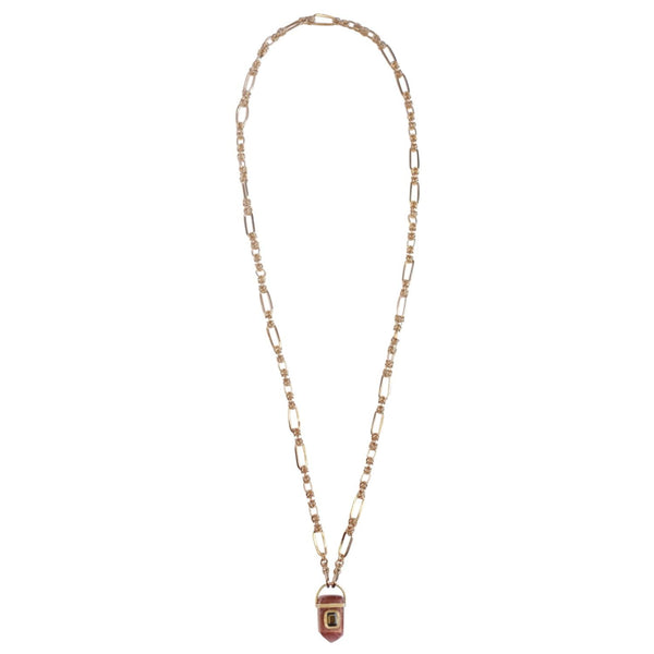 ORACLE Sautoir Prisme Quartz strawberry serti Tourmaline, Chaîne couture, Doré 24 cts