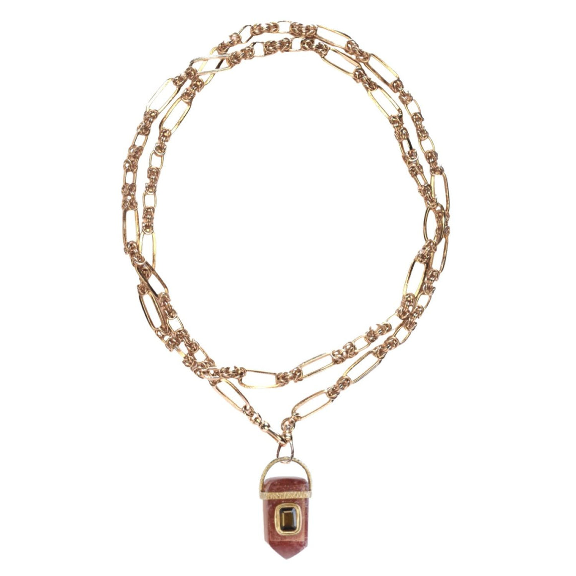 ORACLE Sautoir Prisme Quartz strawberry serti Tourmaline, Chaîne couture, Doré 24 cts