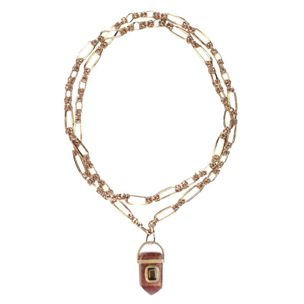 ORACLE Sautoir Prisme Quartz strawberry serti Tourmaline, Chaîne couture, Doré 24 cts