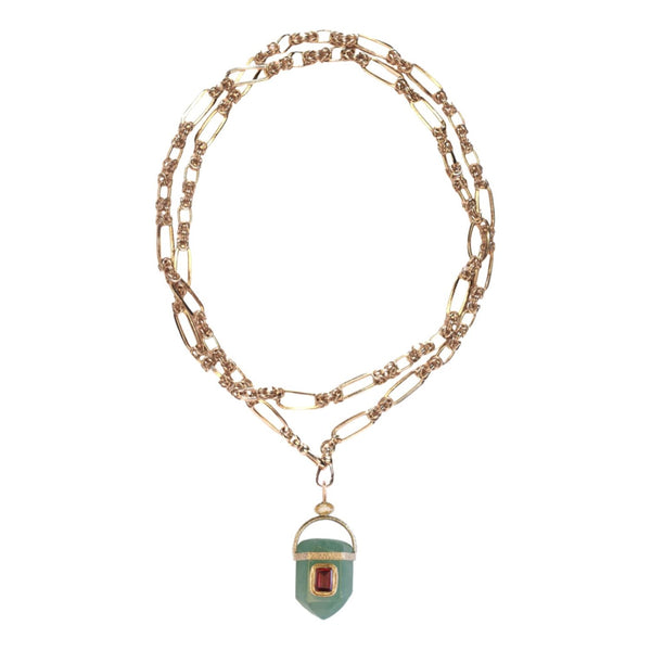 ORACLE Sautoir Prisme Quartz vert serti Grenat, Chaîne couture, Doré 24 cts