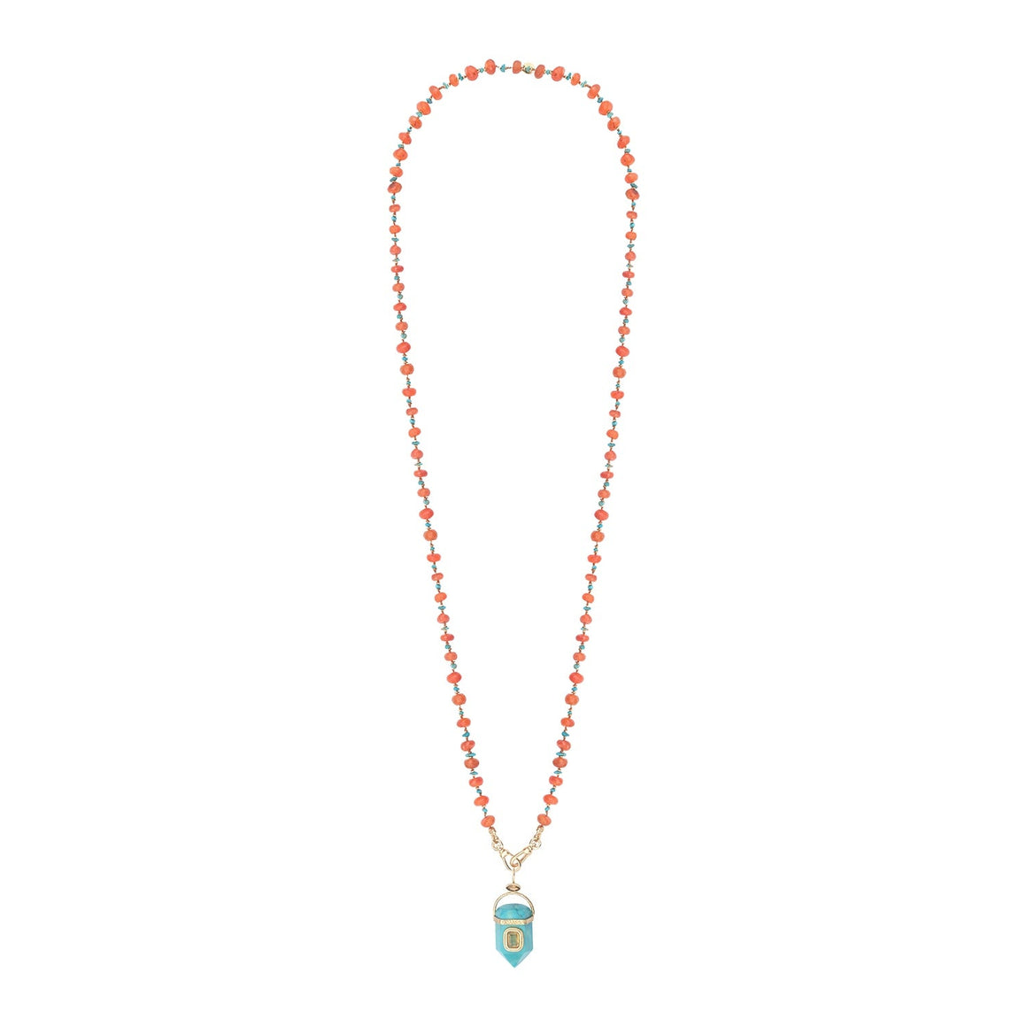 ORACLE Collier Prisme Turquoise sertie Citrine, chaîne perlée Cornaline et galets Turquoise