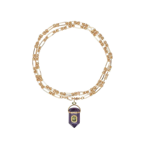 ORACLE Sautoir Prisme Améthyste sertie Péridot, Chaîne couture, Doré 24 cts