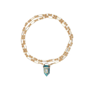 ORACLE Sautoir prisme Chrysocolle serti Topaze, chaîne couture, doré 24 cts