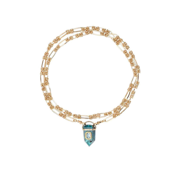 ORACLE Sautoir prisme Chrysocolle serti Topaze, chaîne couture, doré 24 cts