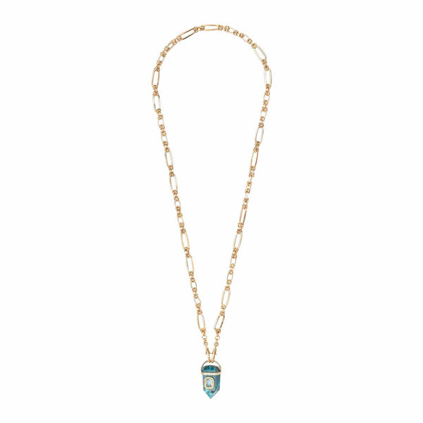 ORACLE Sautoir prisme Chrysocolle serti Topaze, chaîne couture, doré 24 cts