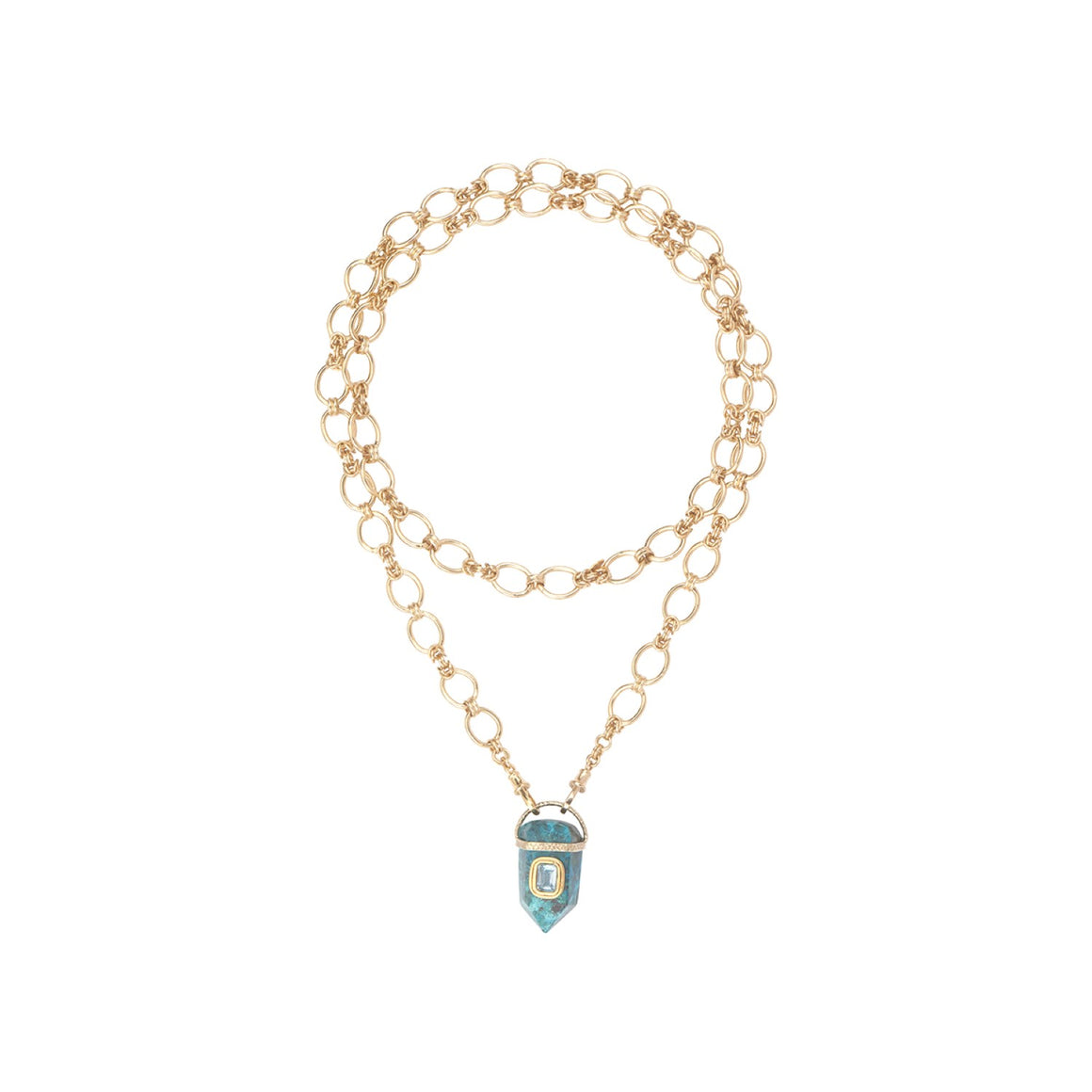 ORACLE Sautoir prisme Chrysocolle serti Topaze, chaîne ovale, doré 24 cts