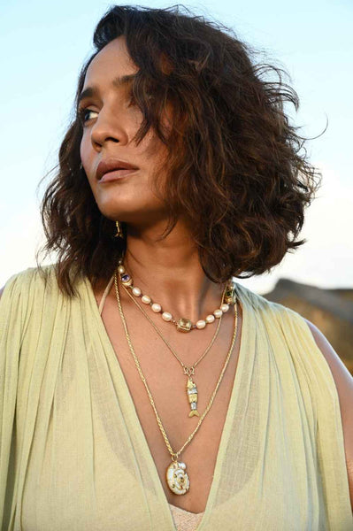 PAROS Collier Poisson articulé bicolore, Argent plaqué or 24 cts