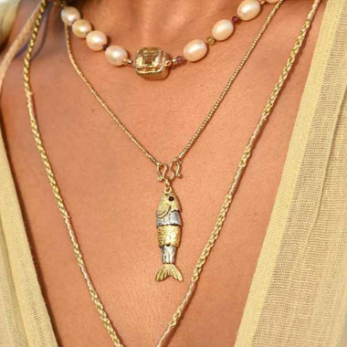 PAROS Collier Poisson articulé bicolore, Argent plaqué or 24 cts