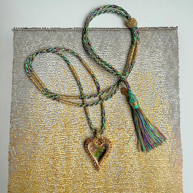 PASSION Collier coeur Citrines et pierres multicolores, Doré 24 cts, cordon pompon soie