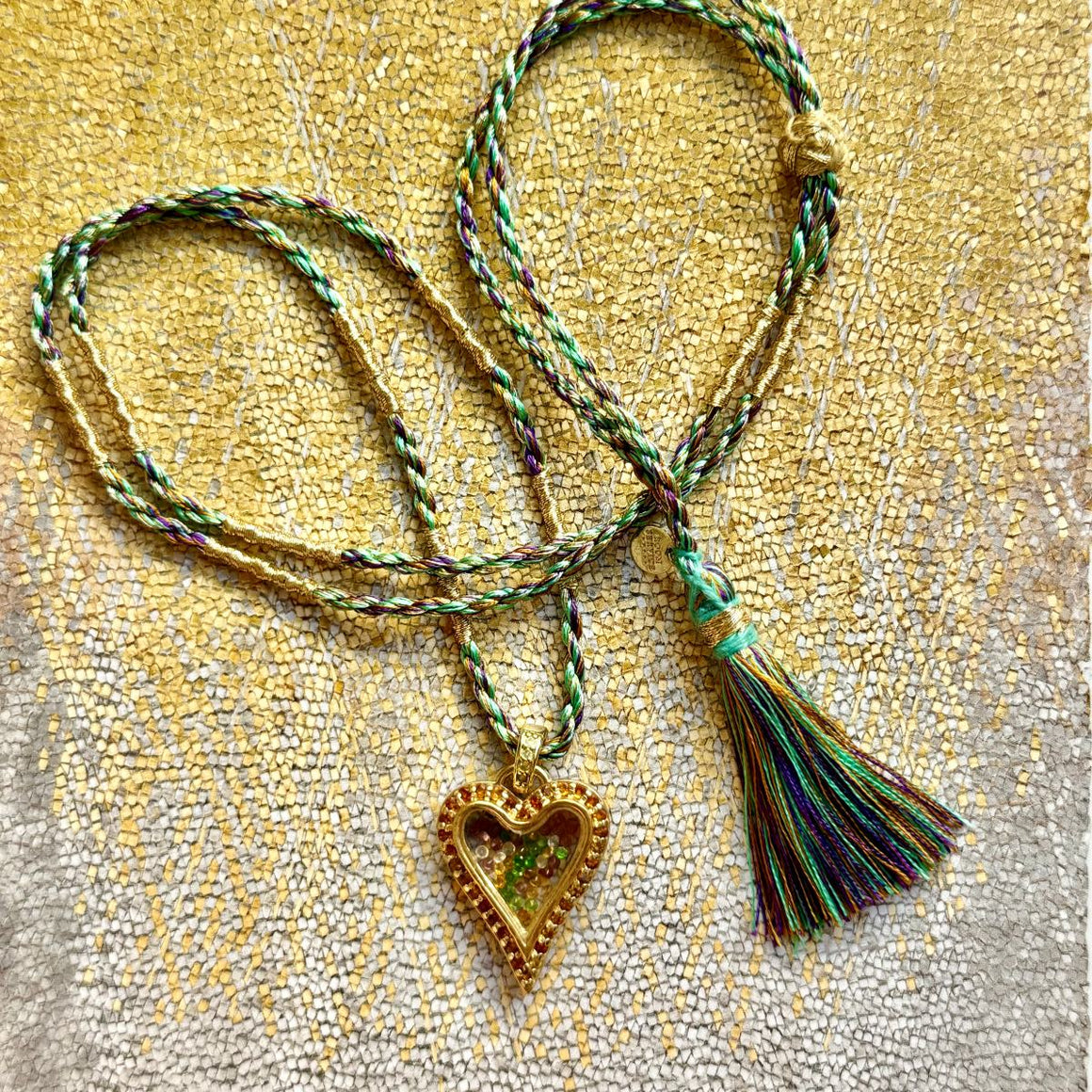PASSION Collier coeur Citrines et pierres multicolores, Doré 24 cts, cordon pompon soie