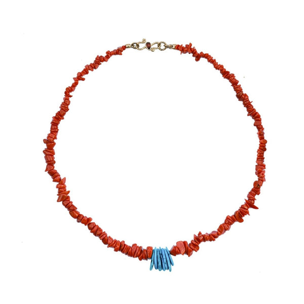 PERDITA Collier en Corail véritable, Turquoise d'Arizona et Argent 925 plaqué or 24 cts