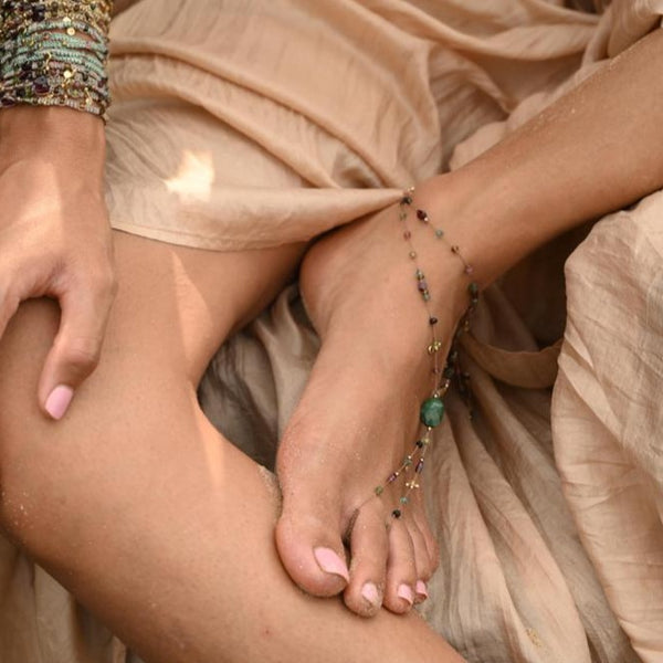 PLAYA Bijou de cheville Jaspe vert Tourmalines