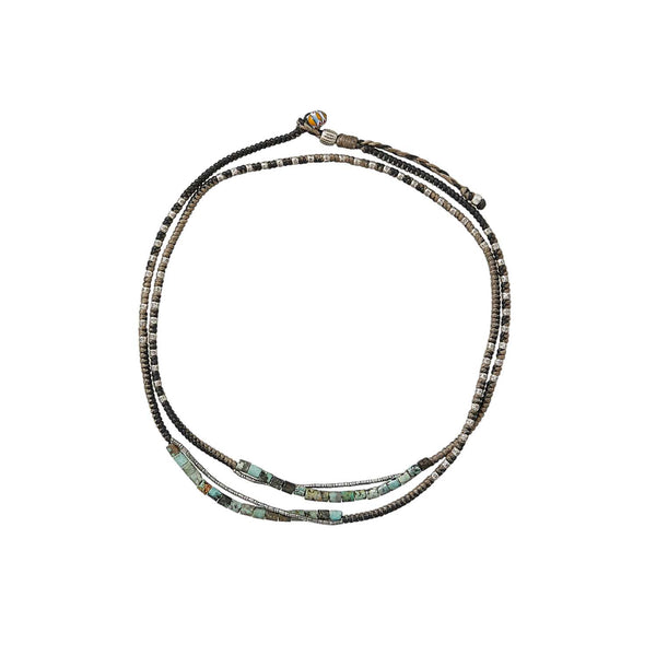 PORTUGAL Bracelet multi-tours, Gris, Noir, Turquoise et perles Argent