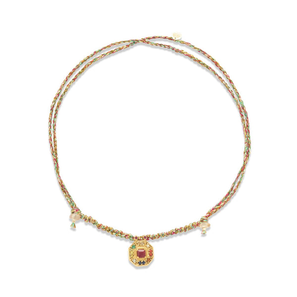 NAVRATTAN Collier Réversible Rubis, Argent plaqué Or, cordon de soie macramé