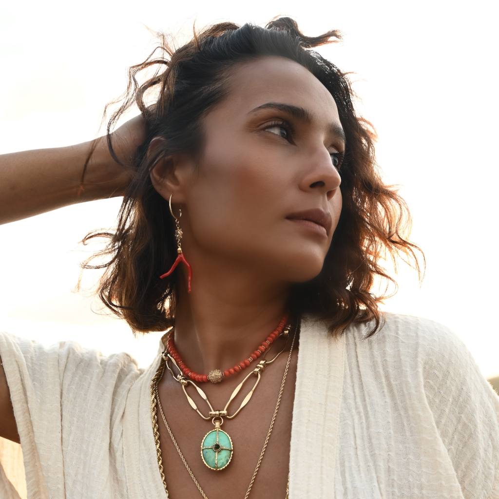 PALERME Collier en Corail véritable et Argent 925 plaqué or 24 cts