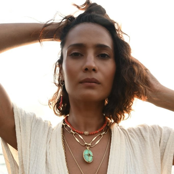 PALERME Collier en Corail véritable et Argent 925 plaqué or 24 cts