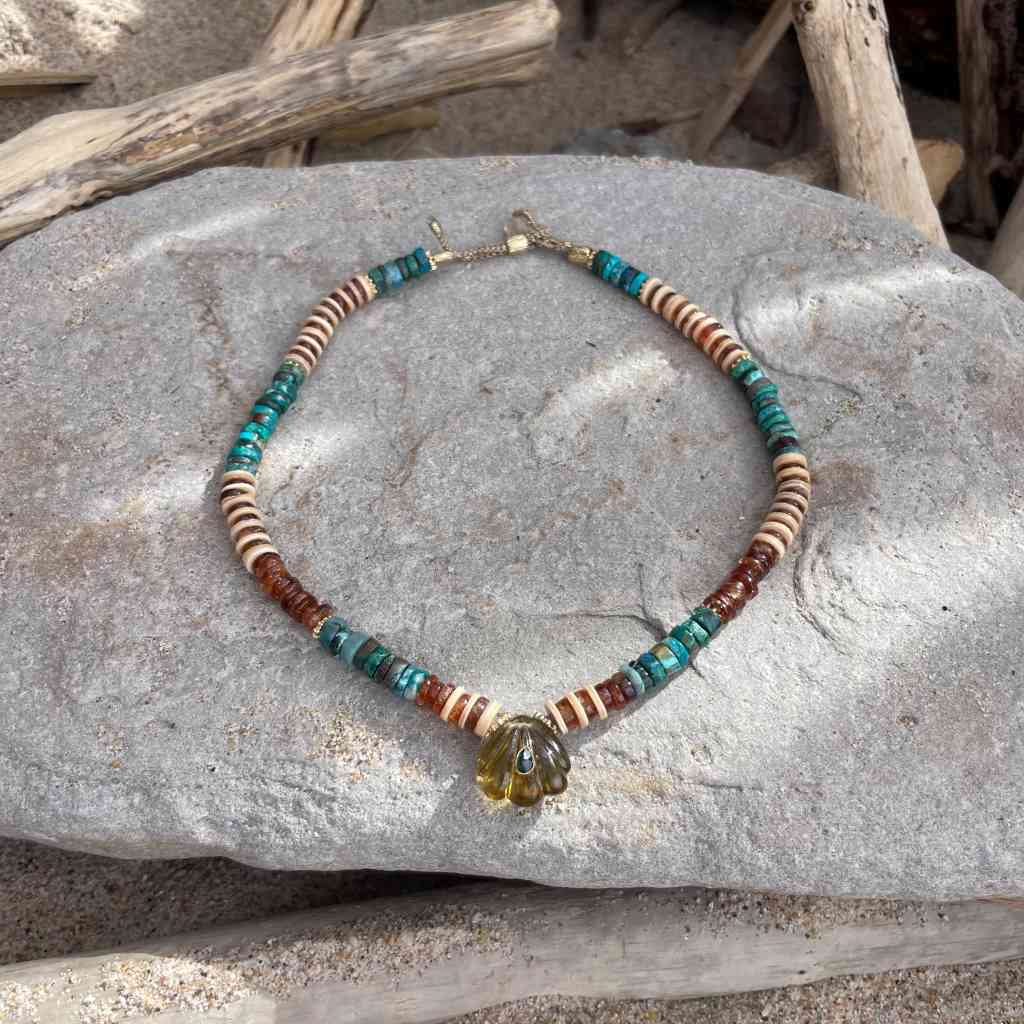 SAJY Collier Coquillage Lemon Quartz Chrysocolle Hessonite