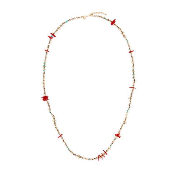 SAND Sautoir ou Collier 2 tours Turquoise, Corail bambou, Coquillage