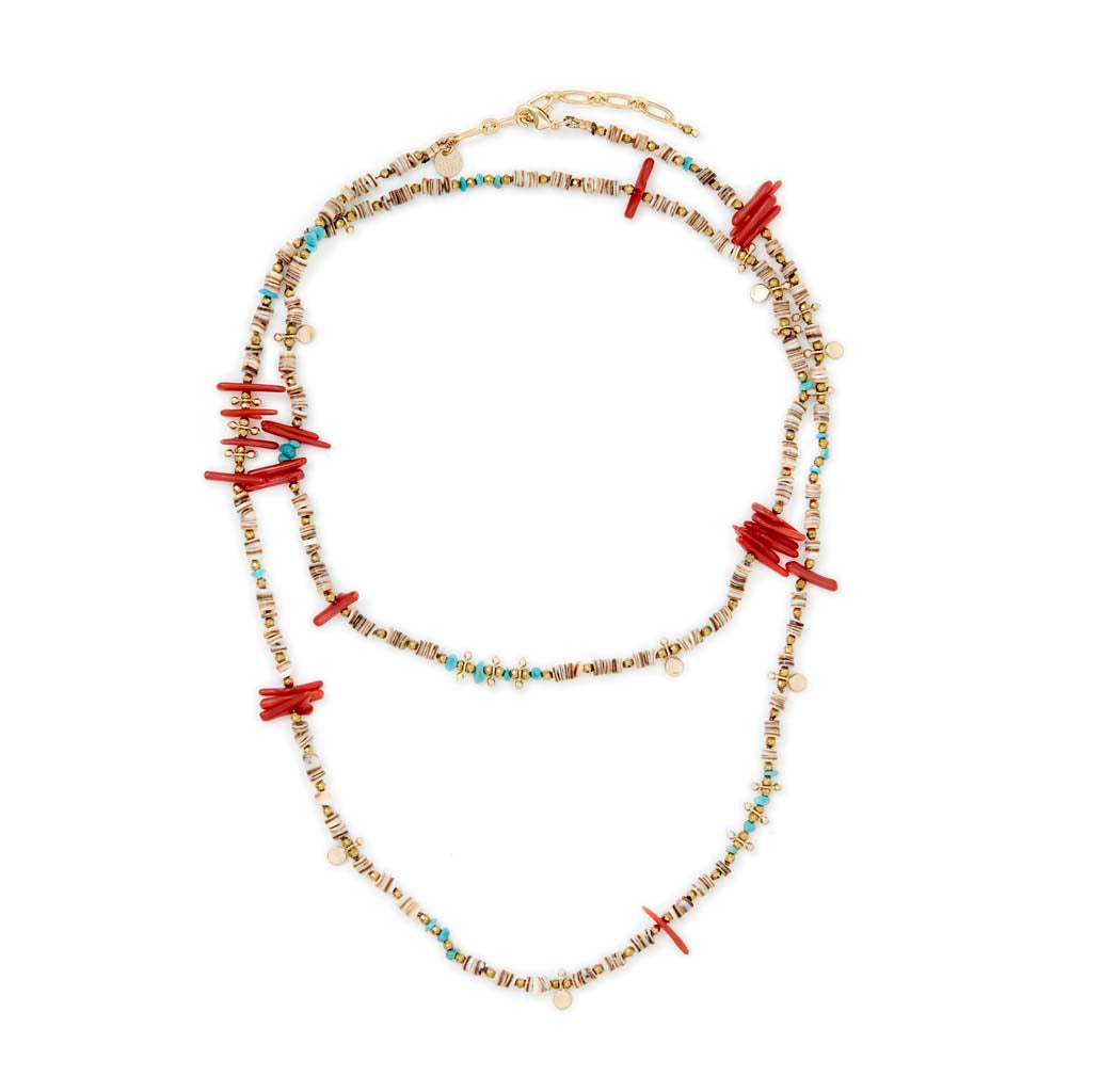 SAND Sautoir ou Collier 2 tours Turquoise, Corail bambou, Coquillage