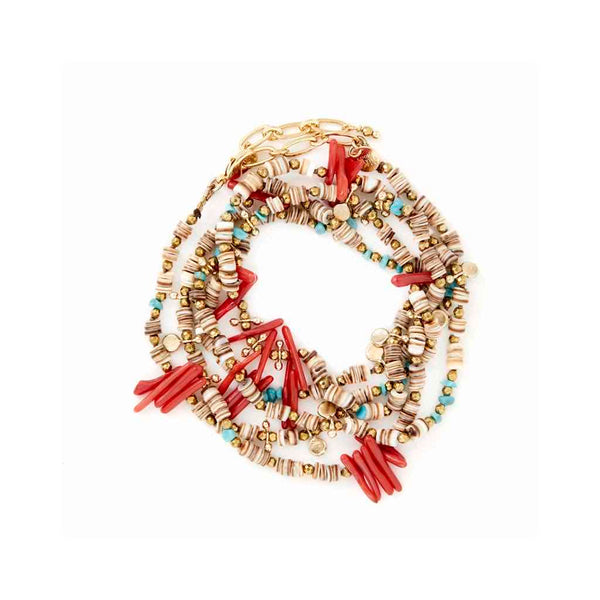 SAND Sautoir ou Collier 2 tours Turquoise, Corail bambou, Coquillage