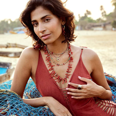 SAND Sautoir ou Collier 2 tours Turquoise, Corail bambou, Coquillage