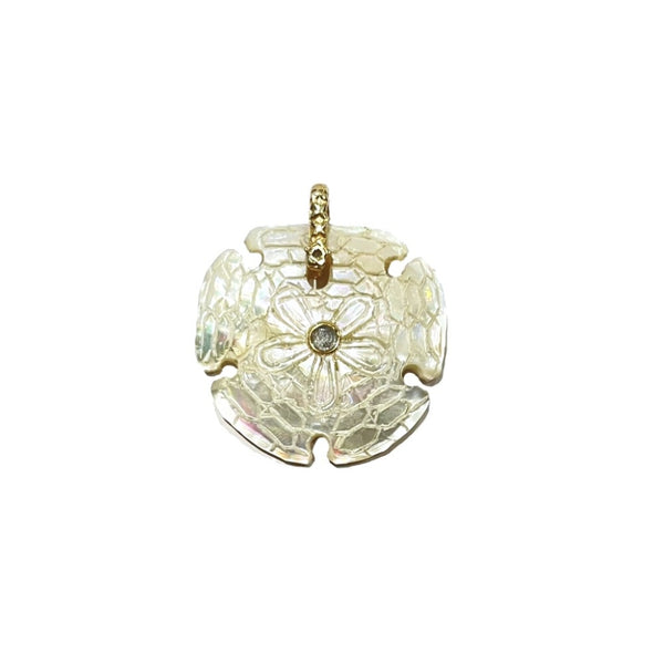 SAND DOLLAR Charm Nacre et Topaze, bélière diamant, argent 925 plaqué or 24 cts