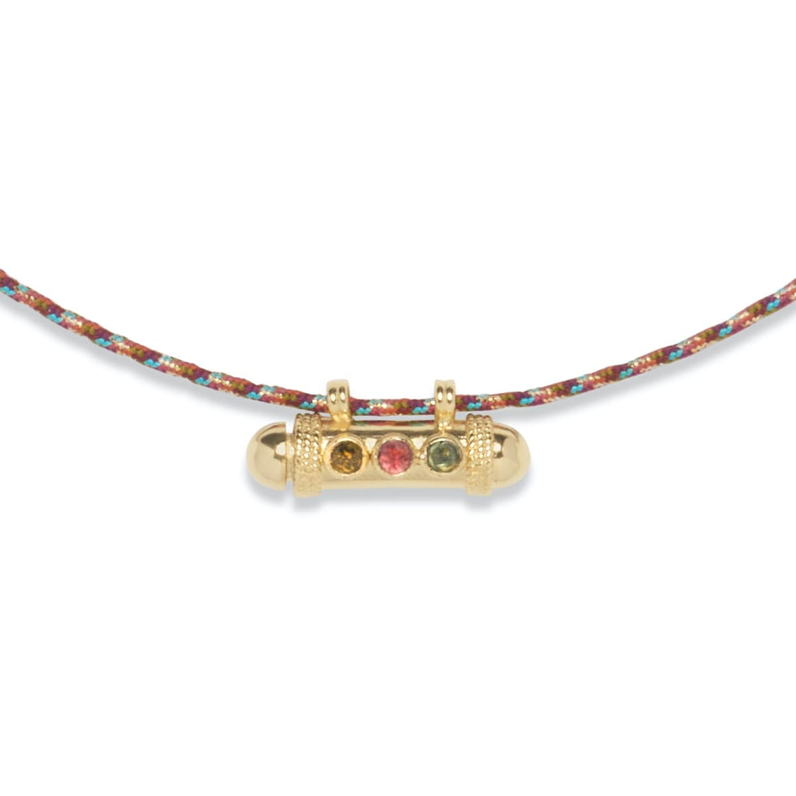 SECRET Collier Tourmalines, doré 24 cts, cordon de soie rainbow