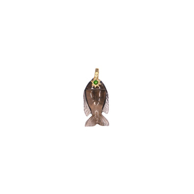 SEDNA Charm Poisson sculpté Quartz fumé, bélière argent plaqué or 24 cts