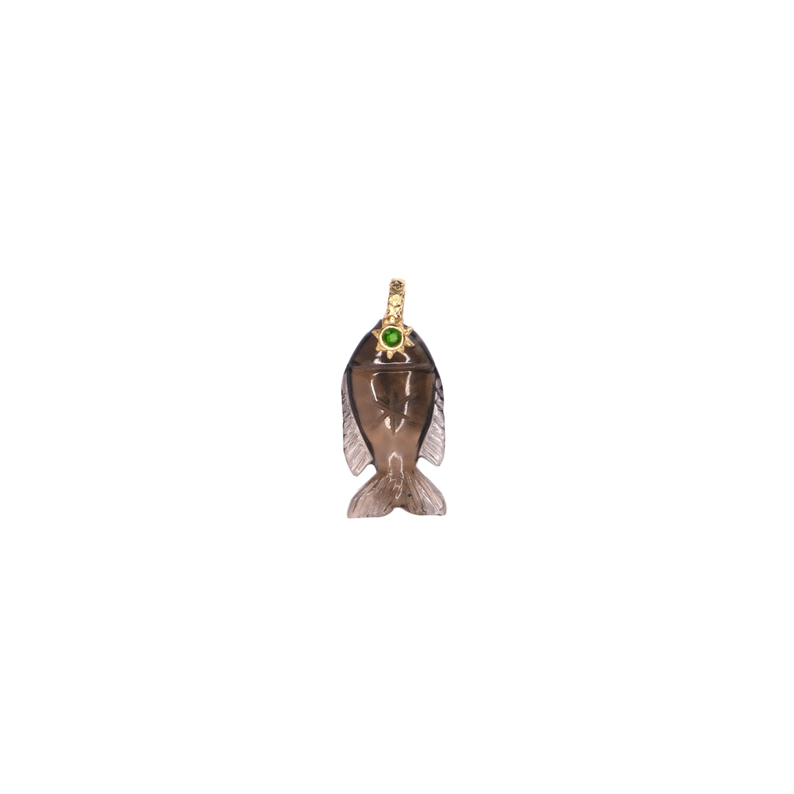 SEDNA Charm Poisson sculpté Quartz fumé, bélière argent plaqué or 24 cts