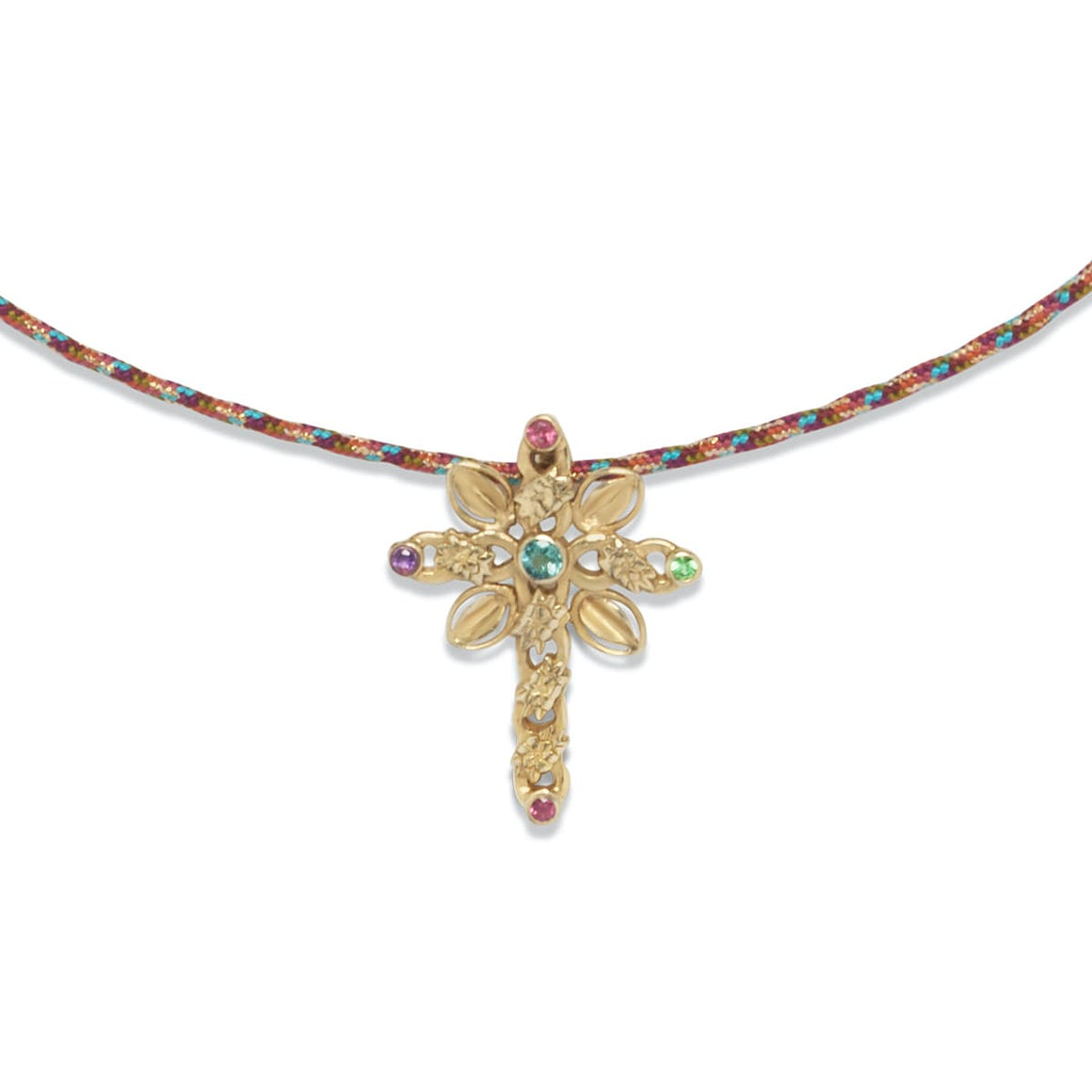 SEVILLE Collier Croix Tourmalines Argent doré 24 cts cordon de soie rainbow