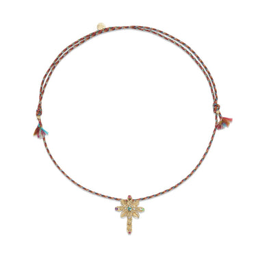 SEVILLE Collier Croix Fleurie Argent doré 24 cts cordon de soie rainbow