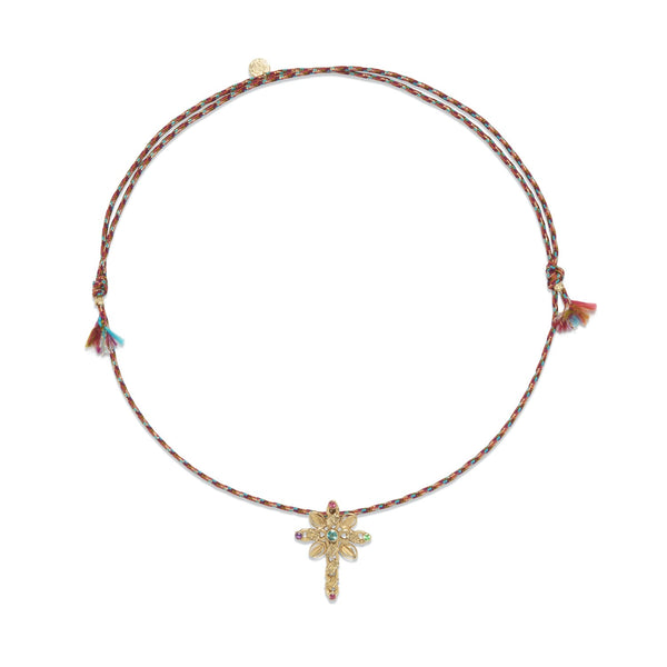 SEVILLE Collier Croix Fleurie Argent doré 24 cts cordon de soie rainbow