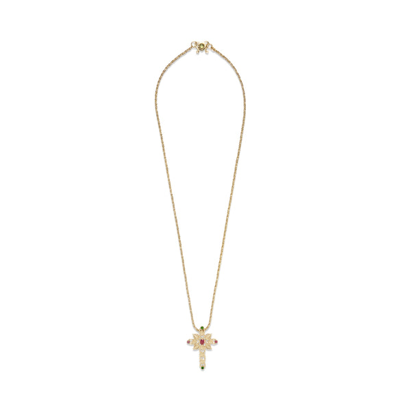 SEVILLE Sautoir Croix fleurie Grand modèle, Laiton doré 24 cts