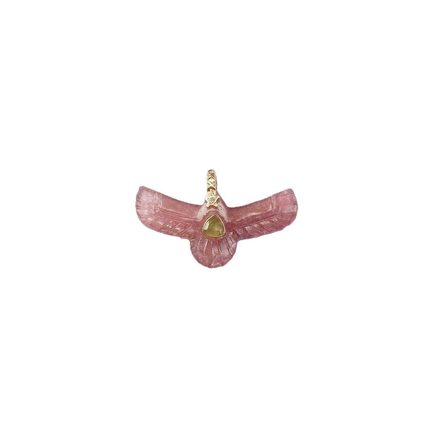 SHAMAN Charm Phoenix Sacré Quartz Strawberry, Péridot, Bélière Diamant, Argent 925 plaqué or 24 cts