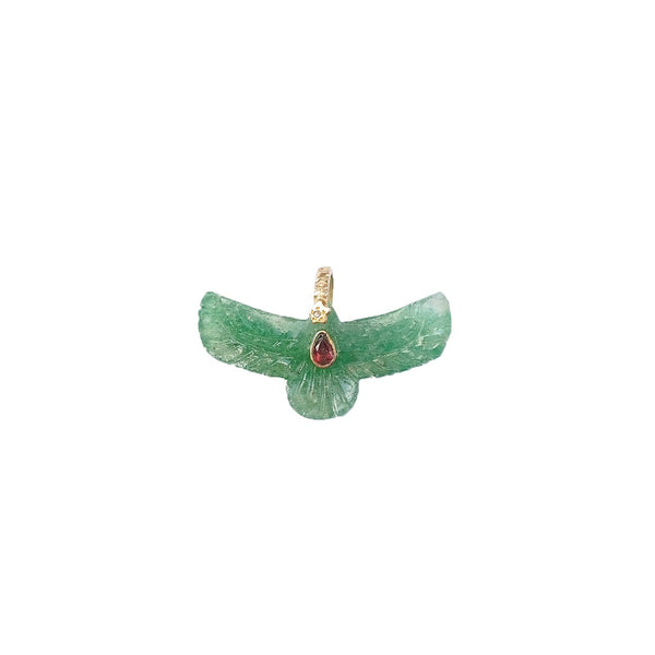 SHAMAN Charm Phoenix Sacré Quartz vert, Grenat, Bélière Diamant, Argent 925 plaqué or 24 cts