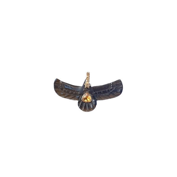 SHAMAN Charm Phoenix Sacré Obsidienne, Citrine, Bélière Diamant, Argent 925 plaqué or 24 cts