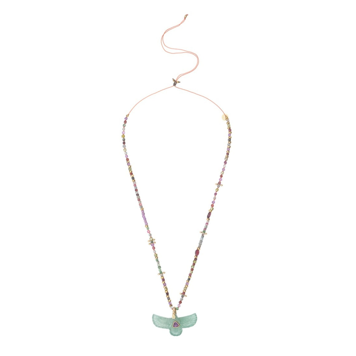 SHAMAN Collier perlé Quartz vert serti Améthyste, bélière diamant