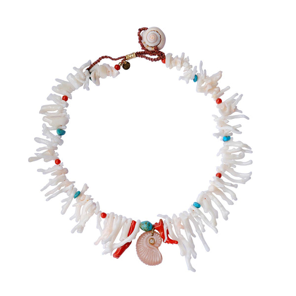SICILE Collier Branches de Corail blanc avec pendentif Nautilus Moonstone Rose