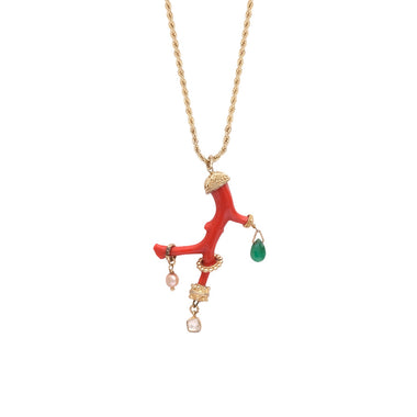 SIRENE Long Necklace, Customized Genuine Coral Branch, 24k Gold-Plated