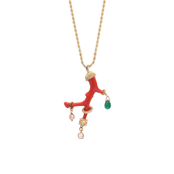 SIRENE Long Necklace, Customized Genuine Coral Branch, 24k Gold-Plated