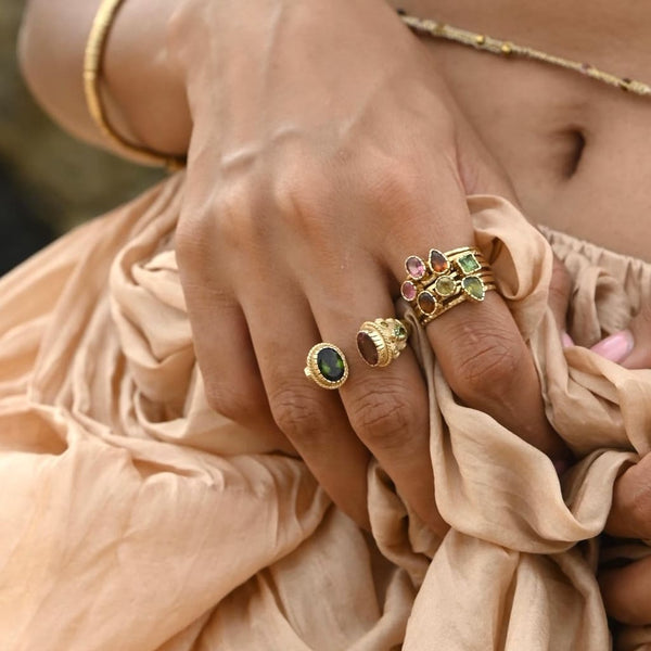 TRESOR Bague Semainier Argent plaqué Or 24 cts, Tourmalines