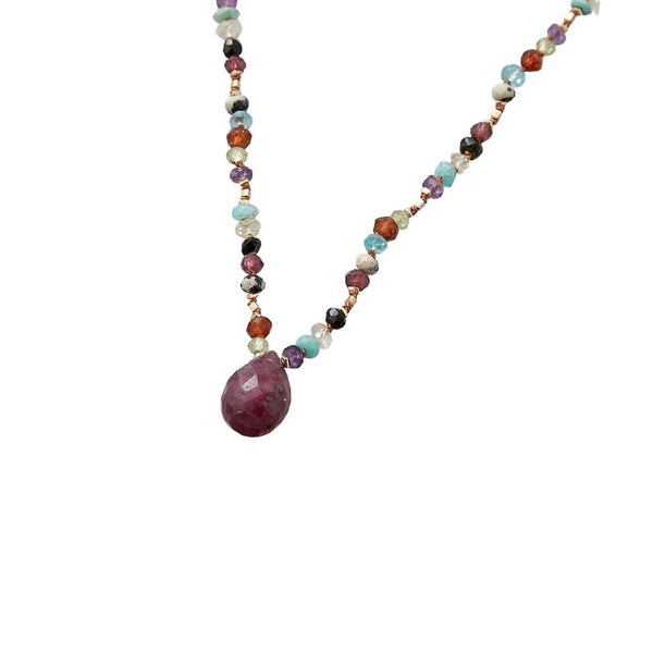 TRIBE Sautoir multi-pierres, Pendentif Rubis, Argent plaqué Or