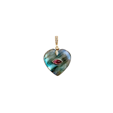 VALENTINE Charm Coeur Labradorite serti Grenat, bélière diamants
