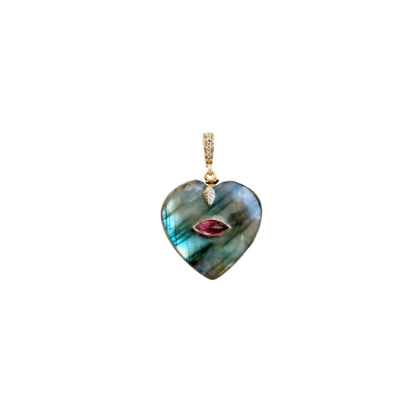 VALENTINE Charm Coeur Labradorite serti Grenat, bélière diamants