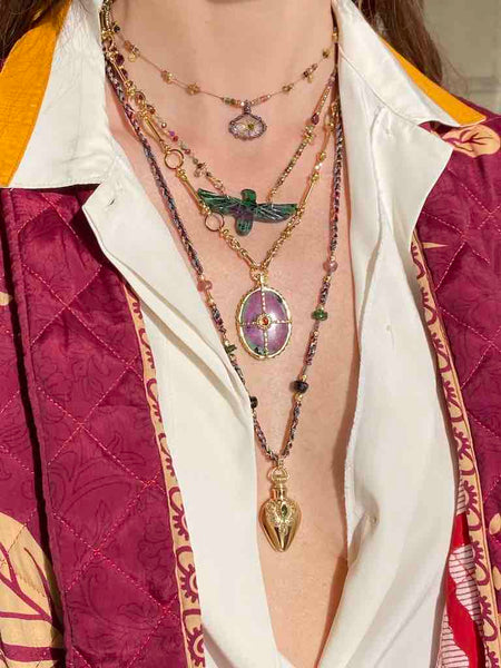 WITCH PEACOCK Collier Flacon Coeur Tourmaline rose, plaqué Or