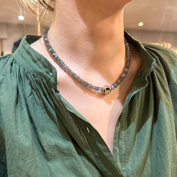 ANILA Collier Labradorite facettée & perle multi-pierres - plaqué or 24 cts