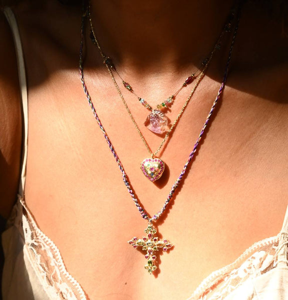 BYZANCE Collier Croix Tourmalines multicolores Argent Doré à l'or 24 cts 1 micron