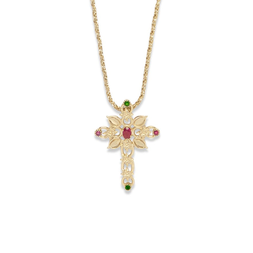 SEVILLE Sautoir Croix fleurie Grand modèle, Laiton doré 24 cts