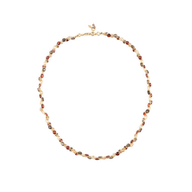 Collier en argent 925, plaqué or 3 microns et pierres fines naturelles Grenat, Topaze fumée et Citrine et perles fleurettes et finitions en argent plaqué or.  Longueur 41 à 43 cm.