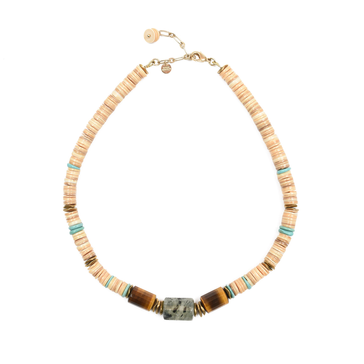 Collier puka ras de cou en pierres naturelle oeil de tigre, turquoise, préhnite rutile, coquillages et perles en laiton doré.  La version précieuse du collier de surfer.